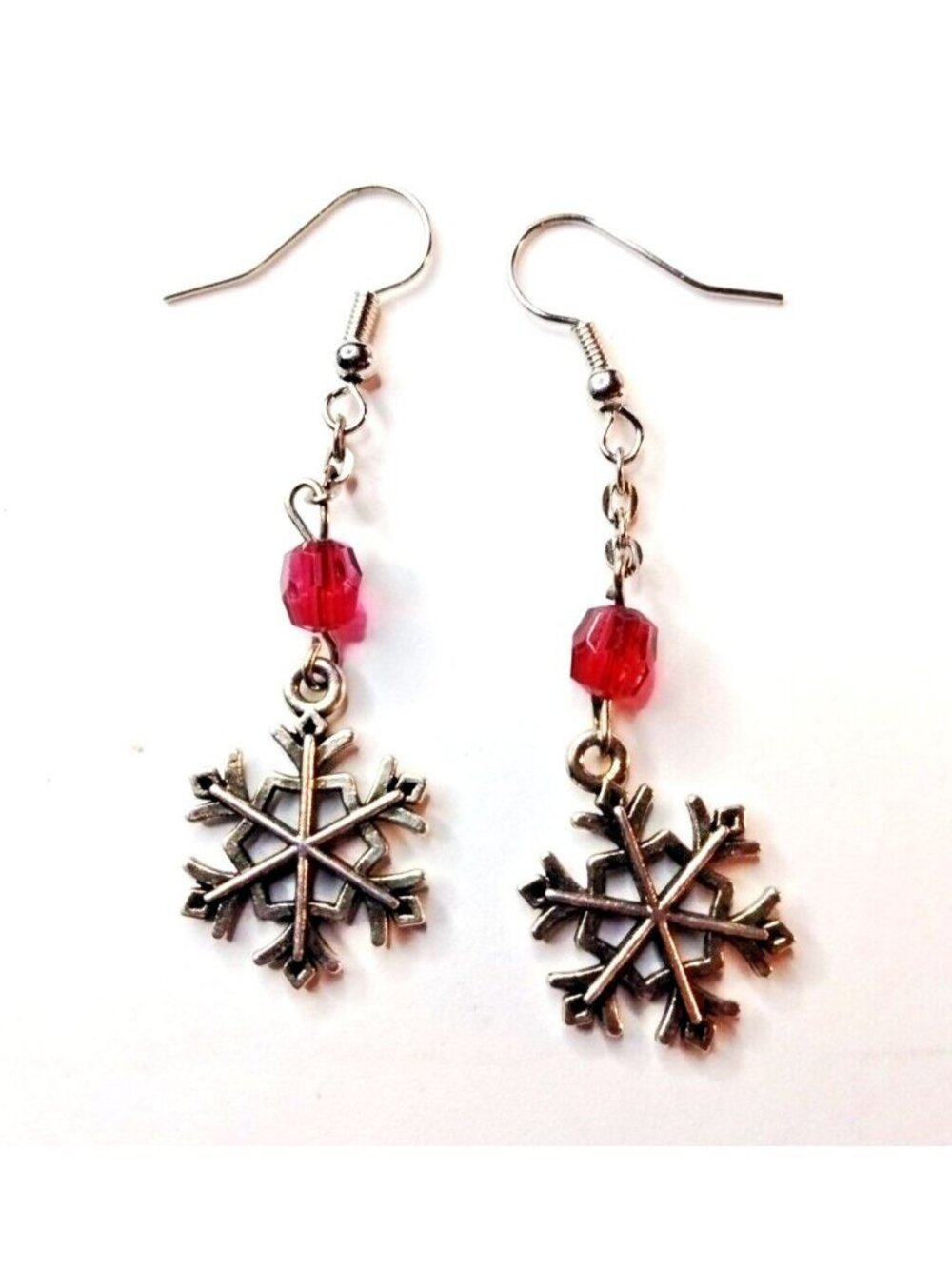 silver snowflake earrings Red crystal cut bead drop dangle